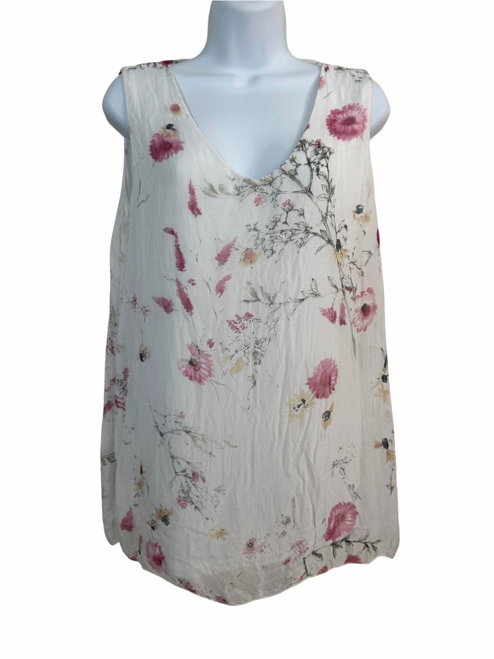 Floral Sleeveless Silk Tank Top Blouse Size Large Lightweight V-neck Summer Pink